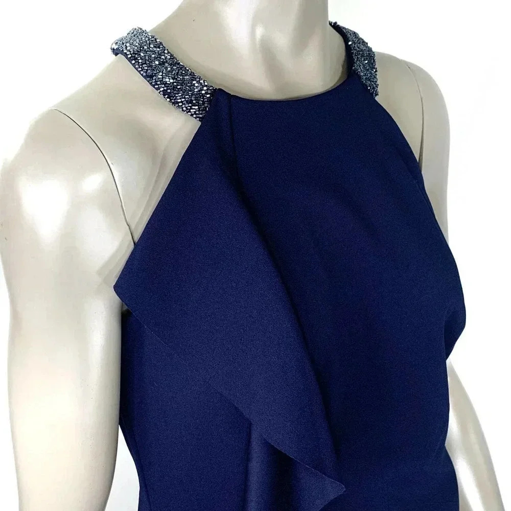 Lauren Ralph Lauren Halter Beaded Cocktail Pencil Dress Women Size 8 Blue Ruffle - Picture 5 of 15